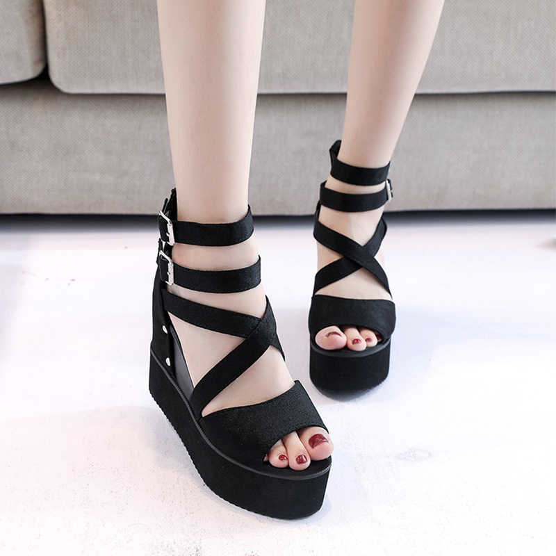 

Women Summer 2021 Platform Sandals Woman Peep Toe Wedges Women's Buckle PU Leather Non Slip Ladies Roman Female Waterproof Shoes Y0721, Black flock