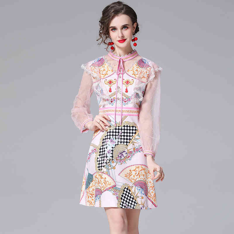 

Net yarn stitching water-soluble lace printing long-sleeved waist-reducing dress 210525, Color
