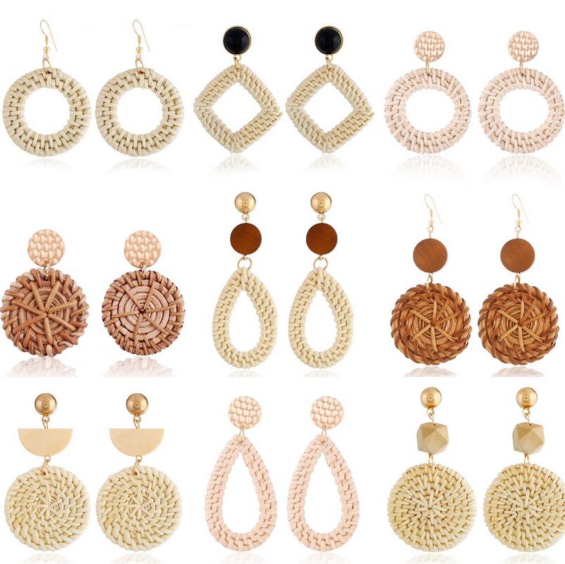 

Handmade Wooden Straw Charm Weave Rattan Vine Braid Drop Earring Fashion Geometric Long Earrings