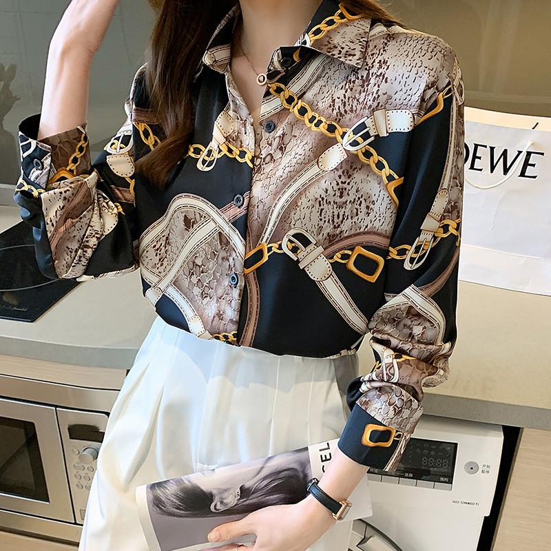 

Women' Blouses & Shirts Women Chain Printed Satin Imitation Silk Long Sleeve Blusa OL Style Loose Casual Oversized Top, Black