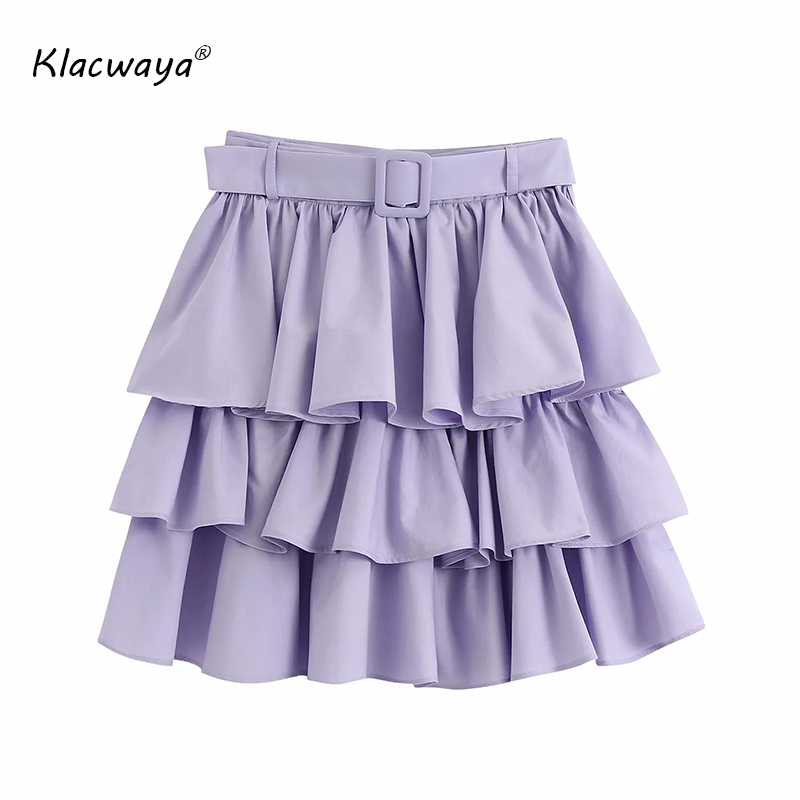 

Women Chic Stylish Ruffled Mini Skirt Vintage Vestidos Waist Side Zipper With Belt Slim Female Skirts Casual Mujer 210521, Purple