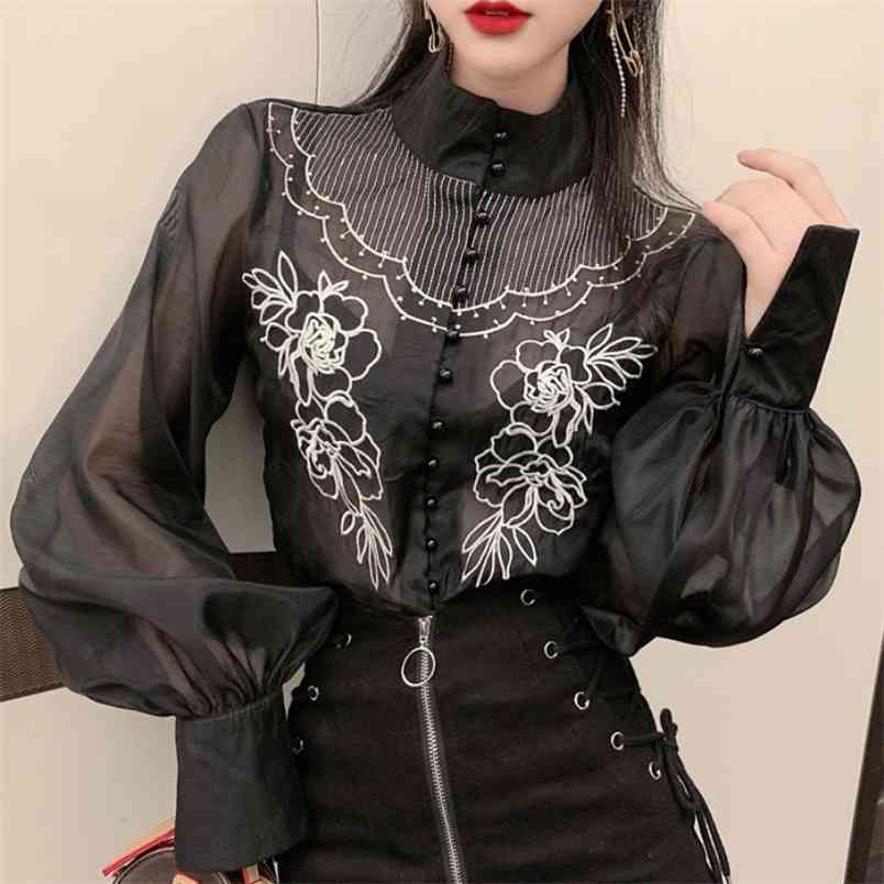 

Korean Spring Office Work Flower Embroidery White Blouse Temperament Women Stand Collar Lantern Long Sleeve Sexy Blusas Shirt 210519, Black