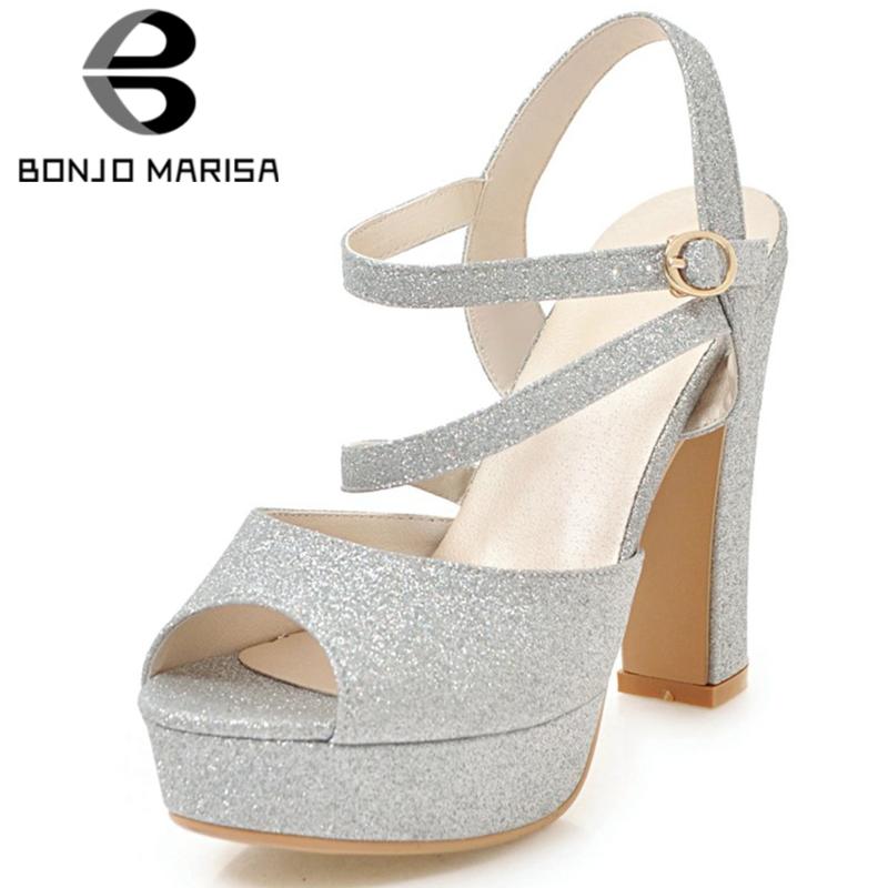 

Sandals BONJOMARISA Lady Fashion Peep Toe Glitters Summer High Heels Platform Women Elegant Evening Shoes Woman, Black