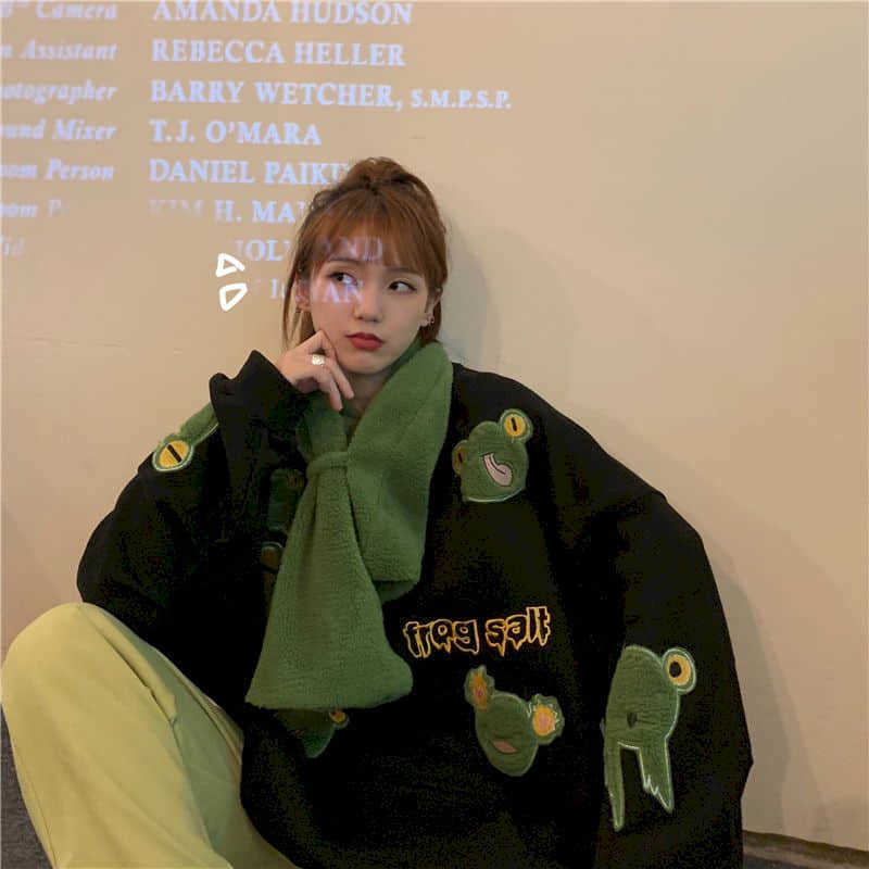 

Kawaii sweatshirt Winter plush thick pullover hoodie women Korean harajuku frog lamb wool top with neckerchief trend 210526, Black with scarf