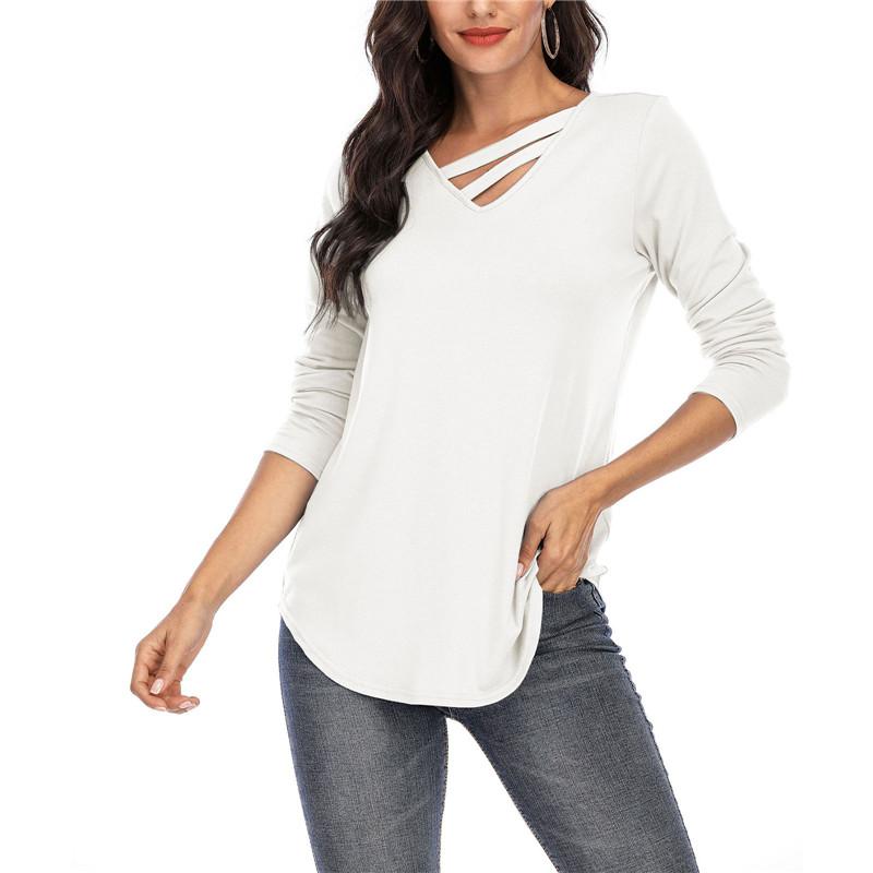 

Women' T-Shirt Spring Women V-neck Long Sleeve Decorative Belt 2021 Fashion Casual Loose Street Pullover Tops Plus Size Clothing, Black