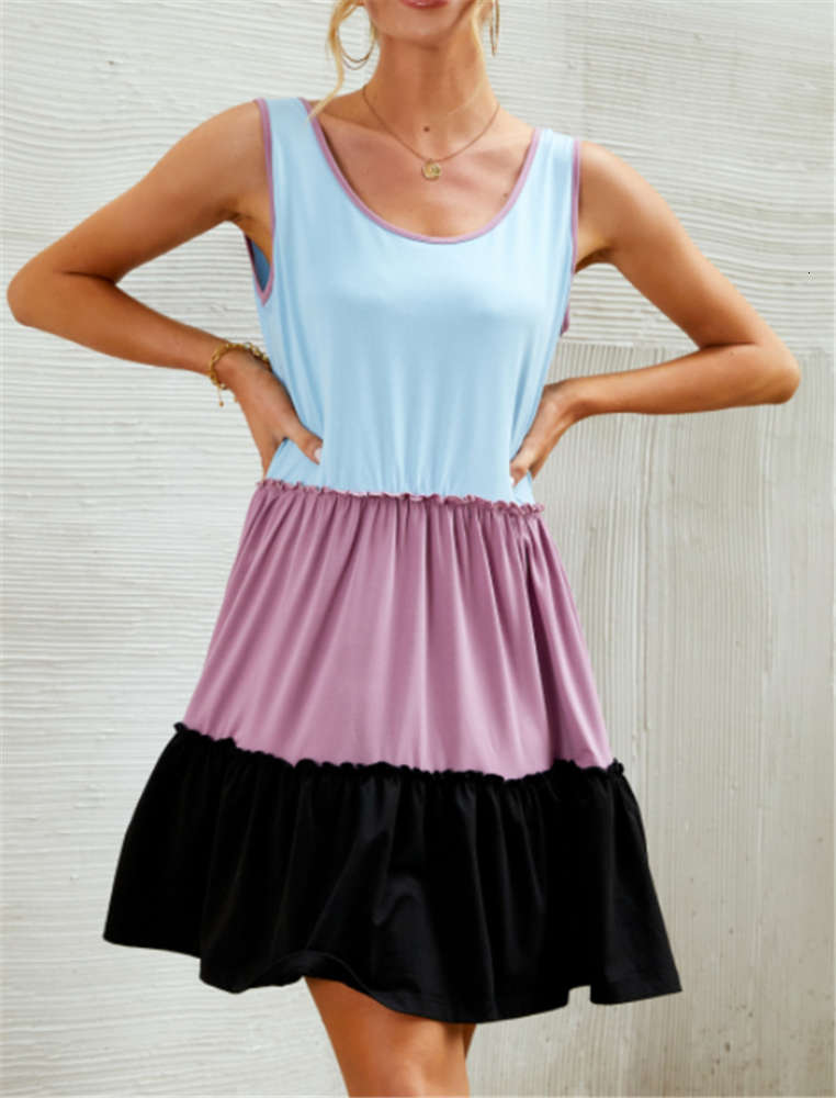 

Summer three color contrast pocket strap Su fold dress, Black;gray