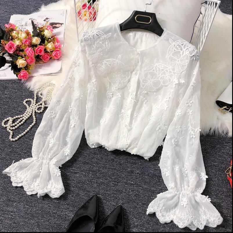 

lolita style clothing womens shirts long sleeve lace sequined peter pan collar shirt lady korean k140, White
