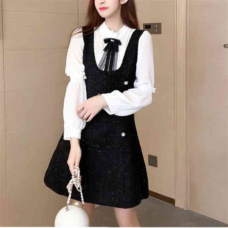 

Fake Two Piece Patchwork Tweed Woolen Dresses Women Lantern Sleeve Vintage Elegant Winter Sweet Bow Vestido Da Festa 210520, Photo color