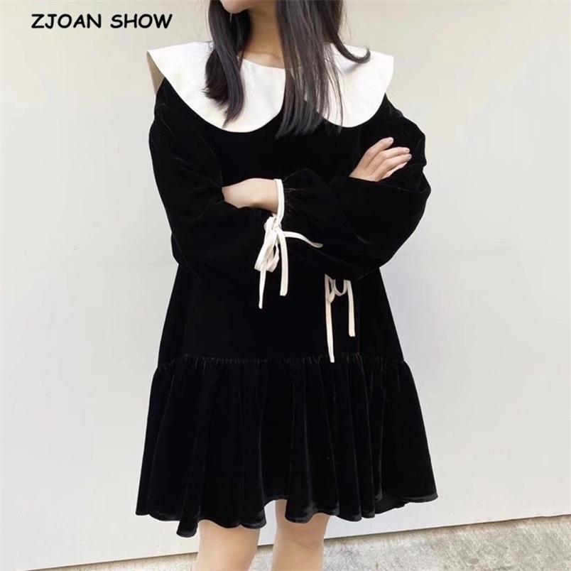 

Winter Kawaii Retro Peter Pan Collar Long sleeve Short Velvet Dress Sweet Woman Loose Straight Dresses Velour 210429, Black
