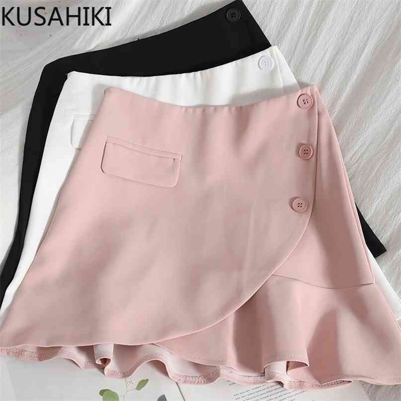 

Korean Buttons Elegant Irregular Ruffle Mini Skirt Womens Summer High Waist A-line Skrits Mujer Faldas 6J448 210603, White