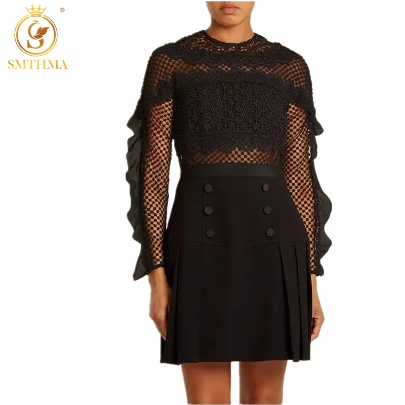

Arrive Lace Hollow Out Dress High Quality Runway Autumn Long Sleeves Black Patchwork Dresses S/M/ 210520, Picture color