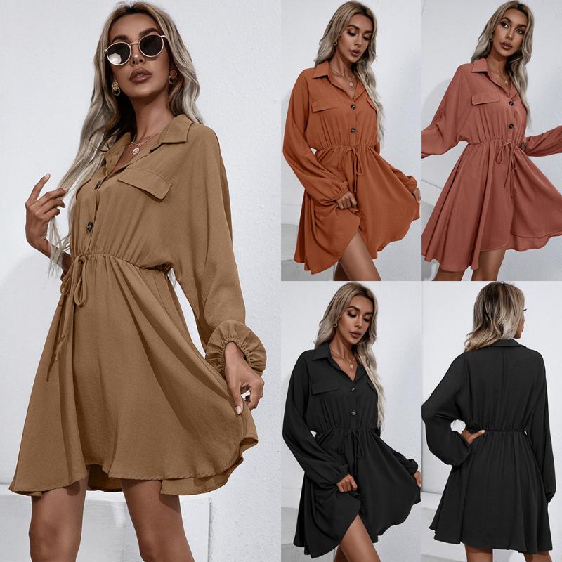 

Casual Dresses 2021 Autumn Lace-up Waist Slimming Long-sleeved Shirt Women' Solid Color Dress Sweater A-line