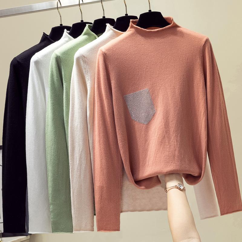 

Fix Rhinestone Sweater Women Knitted Ribbed Pullover Long Sleeve Slim Jumper Soft Warm Autumn Winter Pull Femme Women's Sweaters, Green