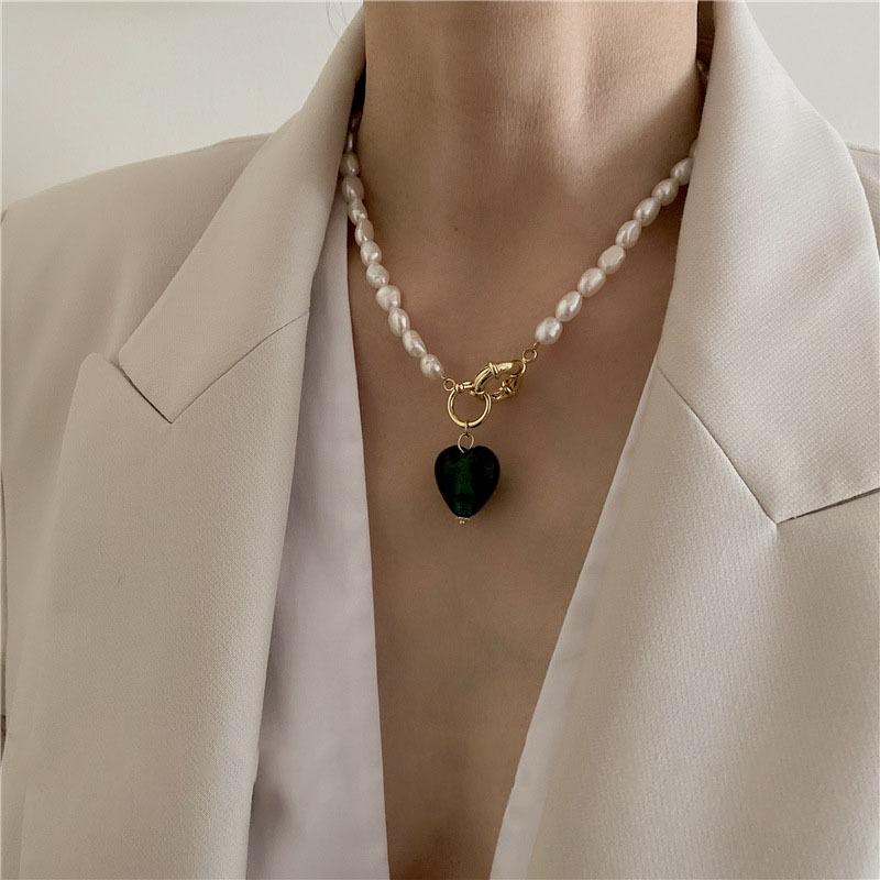 Pendant Necklaces Stylish Vintage Baroque Irregular Natural Pearl For Women Blue Heart Linked Chain Chokers Necklace Jewelry-image-699778840