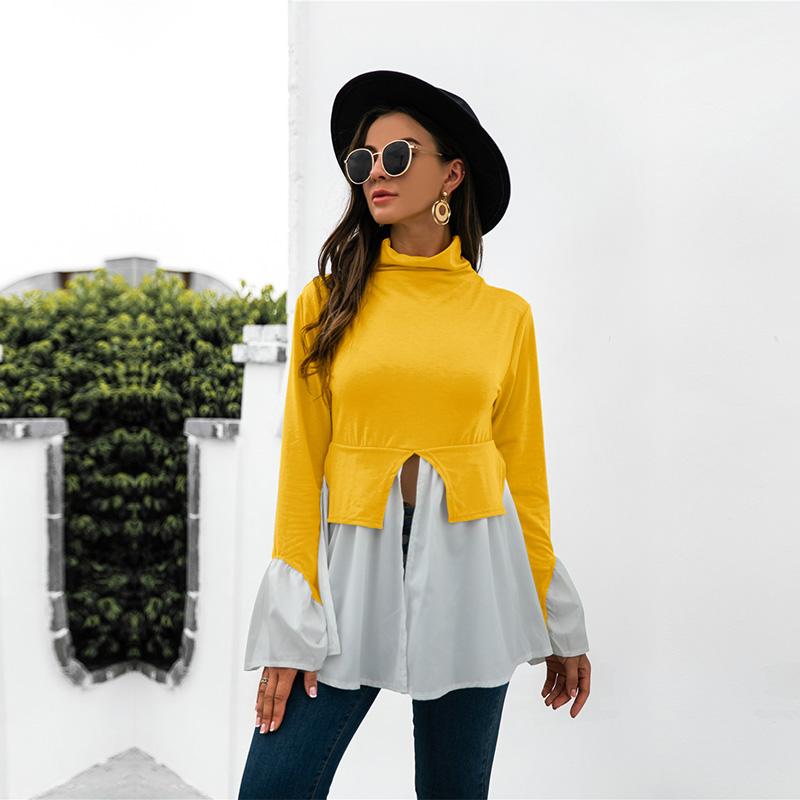 

Women' Blouses & Shirts 2021 Autumn Irregular Ruffled High Neck Long Sleeve Stitching Tops For Ladies Fashion Split All Match, Gray