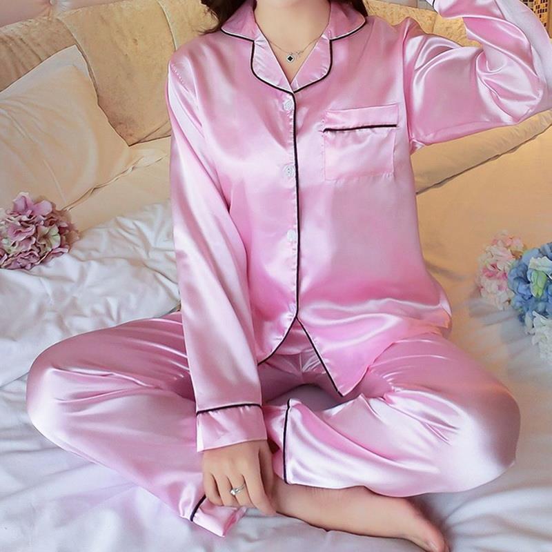 

autumn spandex women sleepwear silk satin pajamas pyjamas set long sleeve pijama suit female sleep two piece loungewear plus size, Black;red
