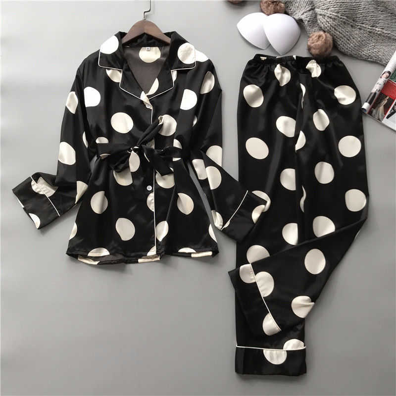 

Silk Pajamas Set Women Sexy Print Dot Summer Female Pyjamas Long Shirt 2Piece/Set Stitch Lingerie Home Sleepwear 210708, Black