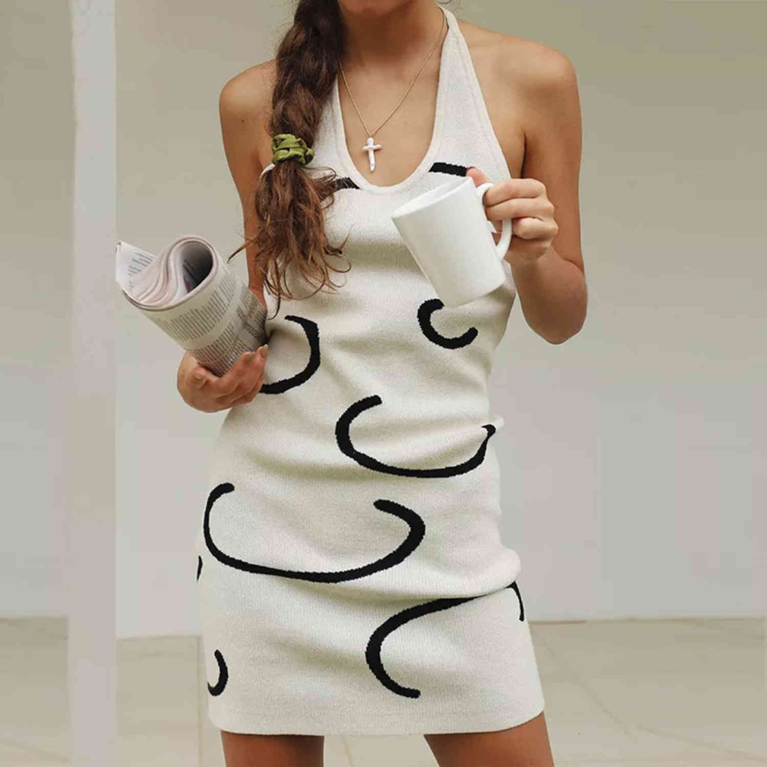 

Casual Dresses 2021 Summer bodycon knit dress women jacquard mini sweater halter neck Female Vestidos PX0J, White