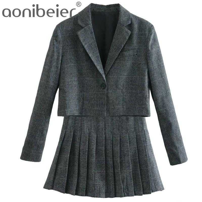 

Womens Plaid Blazer Spring Single Button Office Lady Full Sleeve OL Style Chic Outfit Coats Jacket Skirt Vest Set 210604