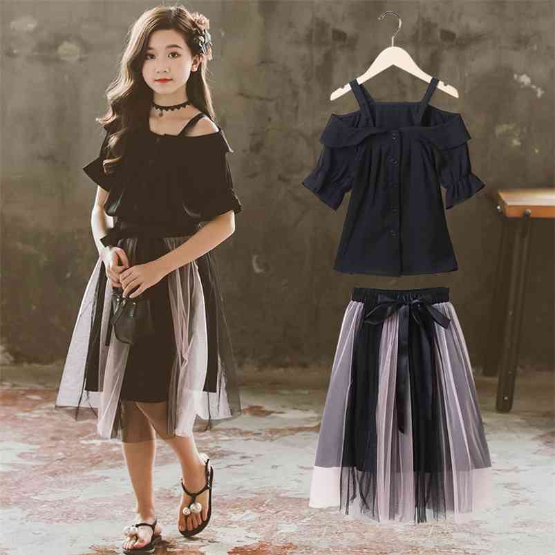 

Summer Children Sets Casual Strap Off Shoulder Tops Bow Mesh Skirts 2Pcs Girls Clothes 3-12T 210629, Black