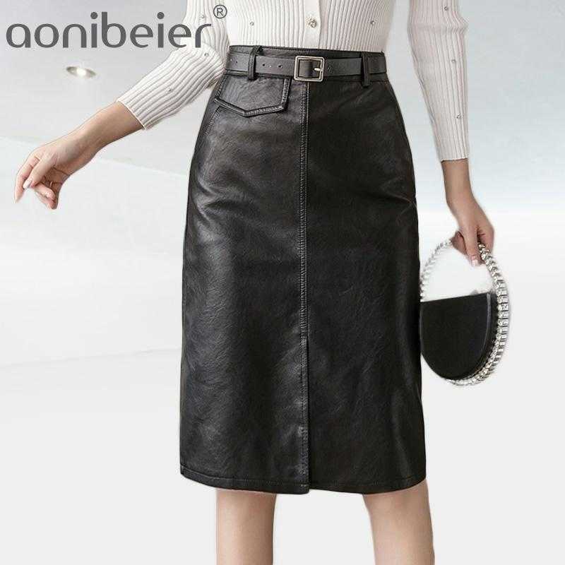 

Black PU Leather Skirt Autumn Winter Front Split Pencil Midi Elegant High Waist Sheath Wrap Skirts with Belt 210604