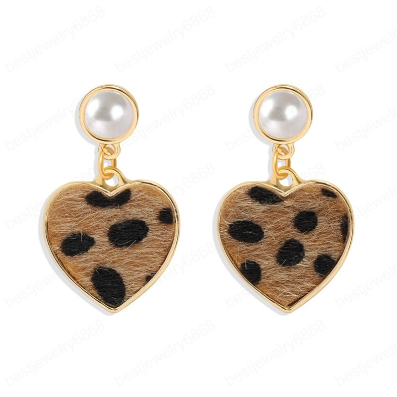 

Leopard Flannel Love Heart Drop Earrings Women Imitation Pearl Dangle Hanging Earring Trendy Jewelry