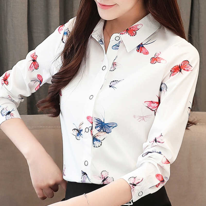 

Blusas Mujer De Moda Blouse Women Turn Down Collar Office Blouse Long Sleeve Print Chiffon Blouse Shirt Women Blouses D445 210602, Butterfly