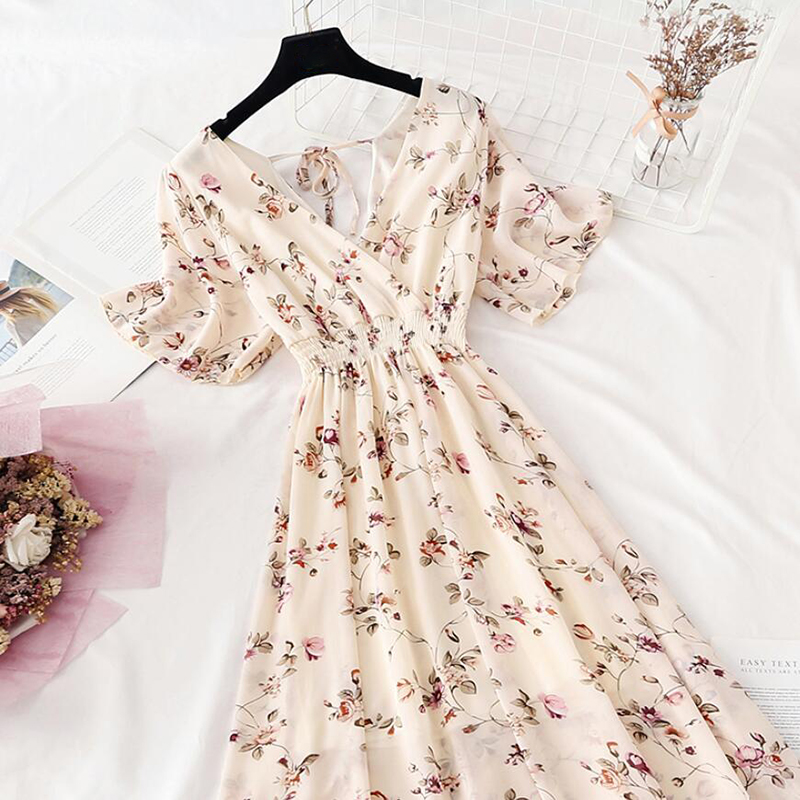 

2021summer vintage floral chiffon long dress v-neck ruffle boho dresses 2021 elegant women party short sleeve dress vestidos, Black;gray
