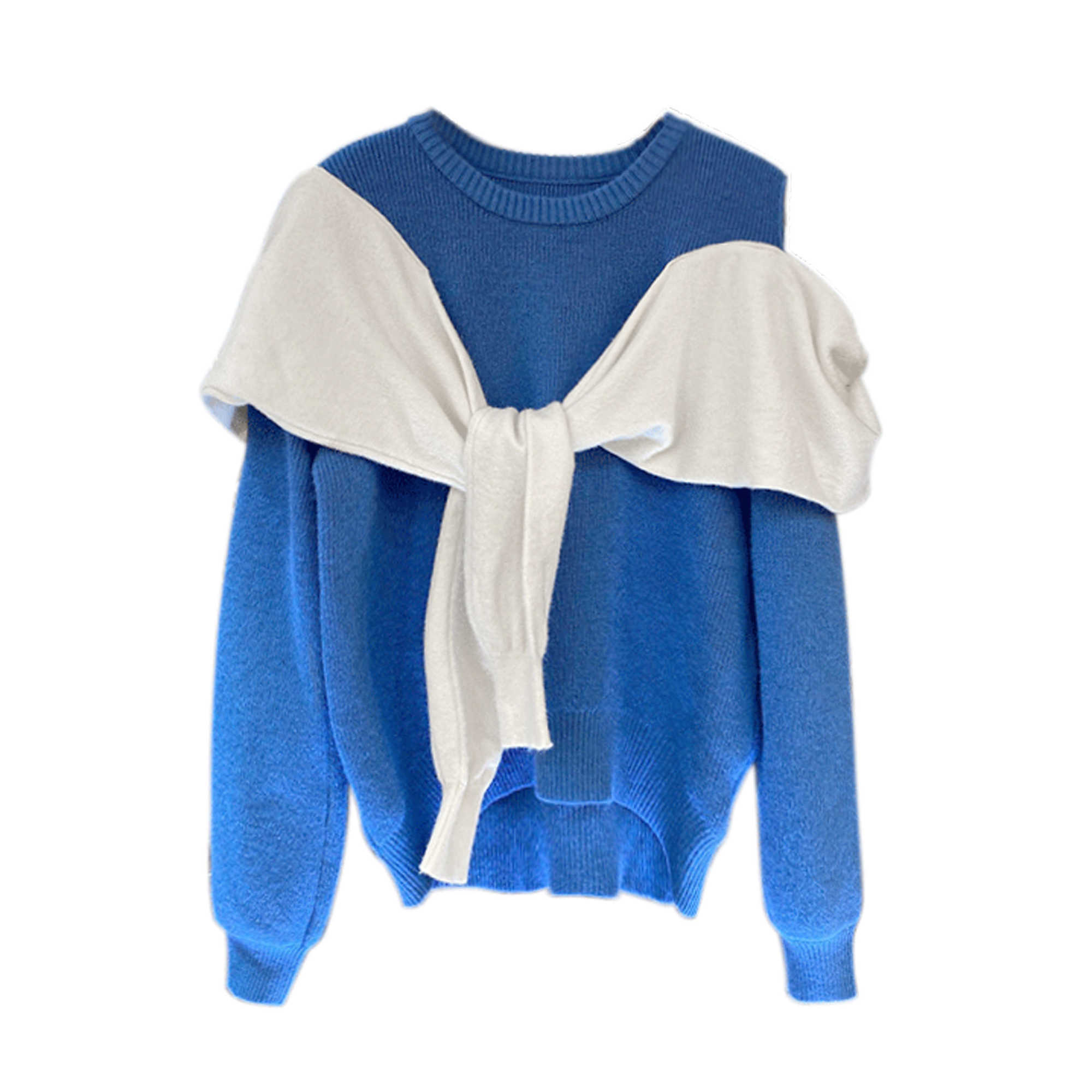 

Spring Autumn Sweater Women Design One-sided Leaky Shoulder-to-shoulder Impact 210615, Blue