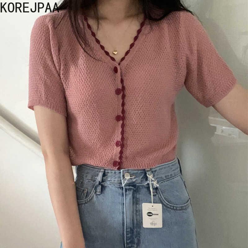 

Korejpaa Women T-Shirt Summer Korean Playful Retro V-Neck Border Contrast Single-Breasted Short-Sleeved Knitted Cardigan 210526, Pink