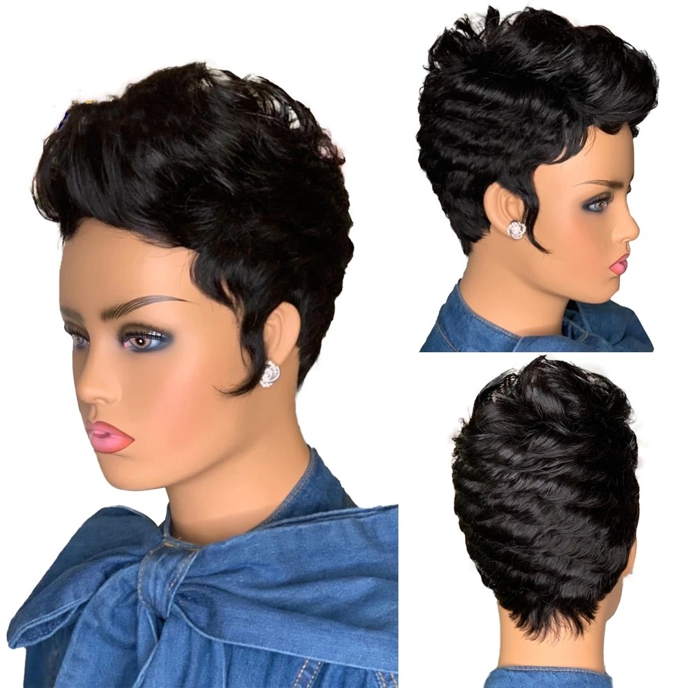 

Short Curly Bob Pixie Cut Wig Full Machine Made None Lace Remy Brazilian Human Hair Wigs For Black Women, Wig cap