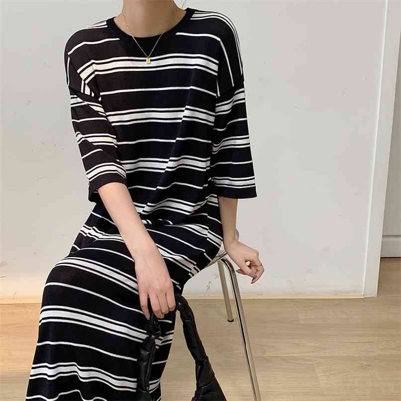

Temperament mid-sleeve long dress loose casual slim knit skirt all-match summer Korean fashion women's clothing 210520, The picture color
