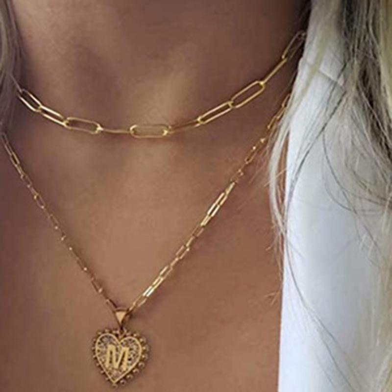 

Pendant Necklaces Simple Gold Plated Peach Heart Necklace Initial Alphabet Multilayer Zinc Alloy Unisex Jewelry 40cm-1 Piece, Silver