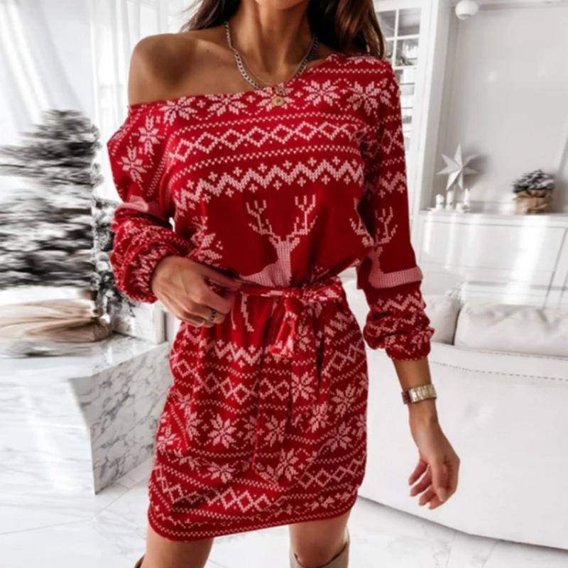 

Casual Dresses Women Christmas Off Shoulder Belted Bow Knot Knitting Elk Snowflake Print Xmas Short Mini Party Club Bodycon Dress