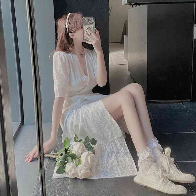 

French Split Dress Women Chiffon Puff Sleeve Party Fairy Korean Style Elegant Vintage Retro Summer 210519, White