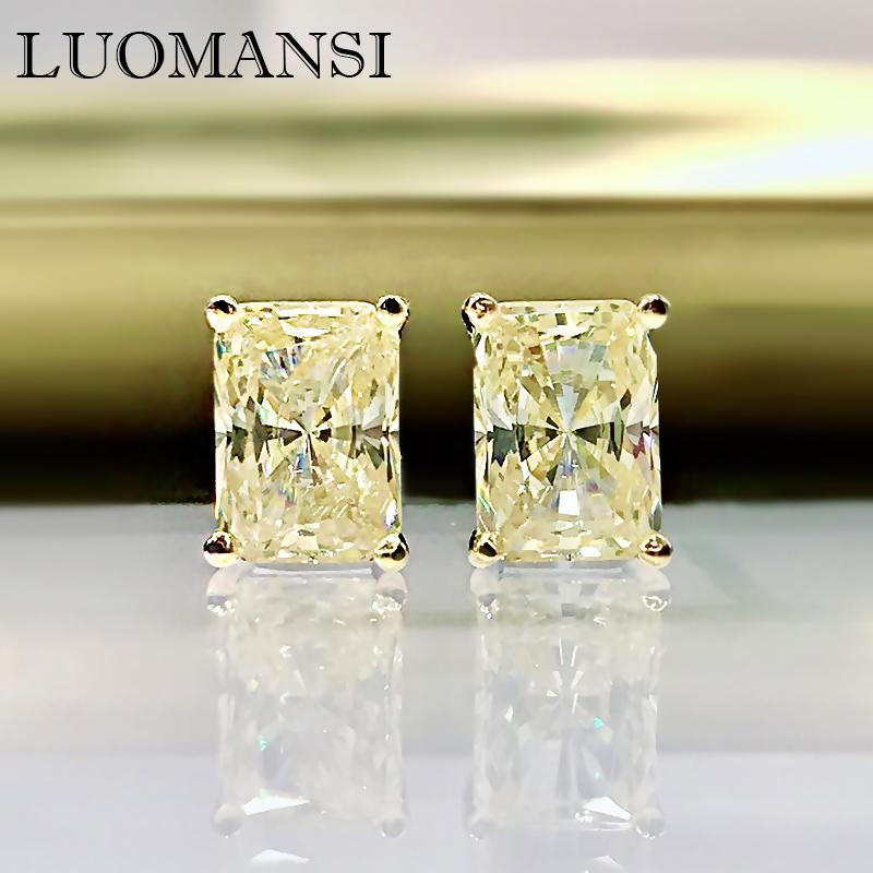 

Stud Luomansi 100%-S925 Sterling Silver Glittering Rectangle White Yellow High Carbon Diamond Earrings Woman Jewelry