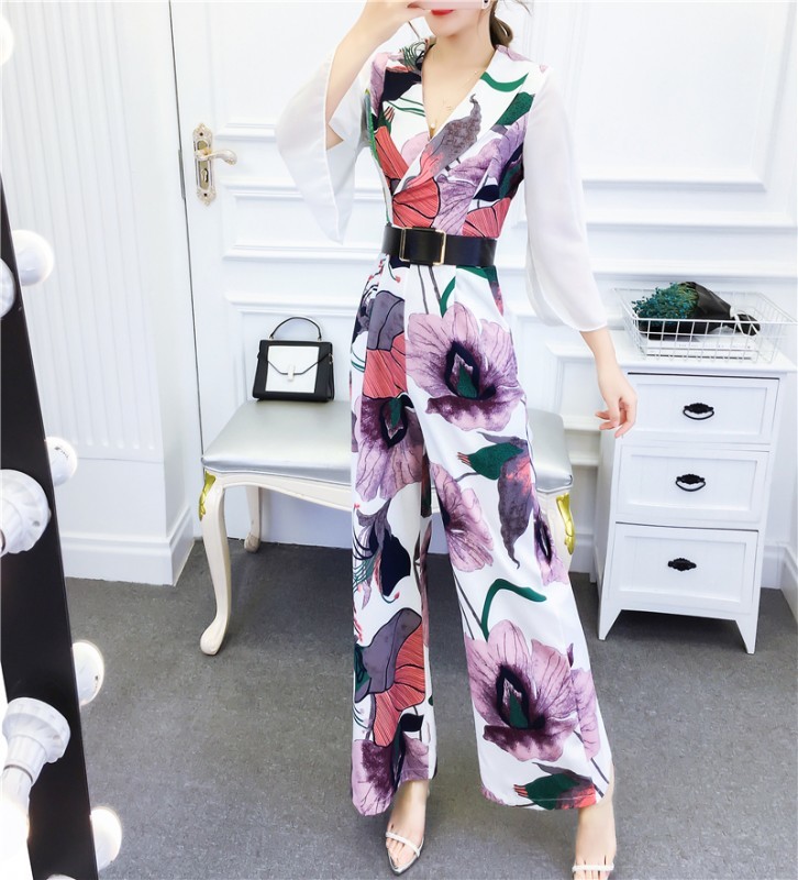 

Summer Vintage flowers Print Sexy V Neck Jumpsuits Women split Sleeve casual Slim Wide-Leg Rompers Playsuits Female Pants 210518, Beige