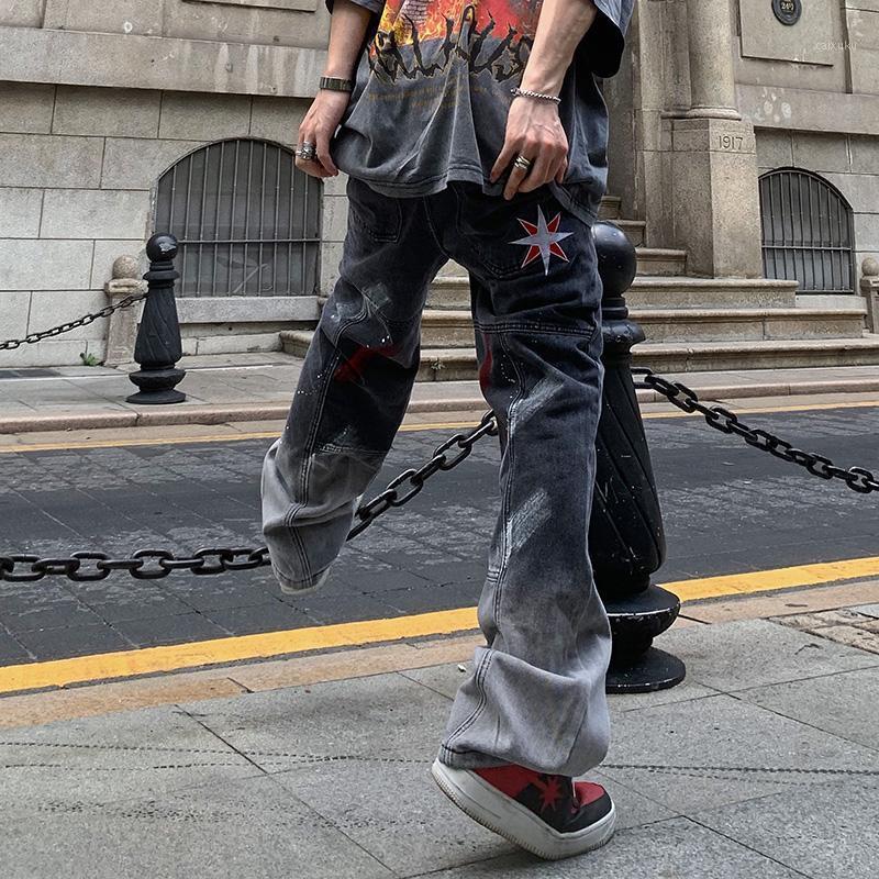 

Men' Jeans GODLIKEU Gradient Painted Hole Straight Washed Denim Trousers Men Streetwear Casual Loose Retro Pants, Black
