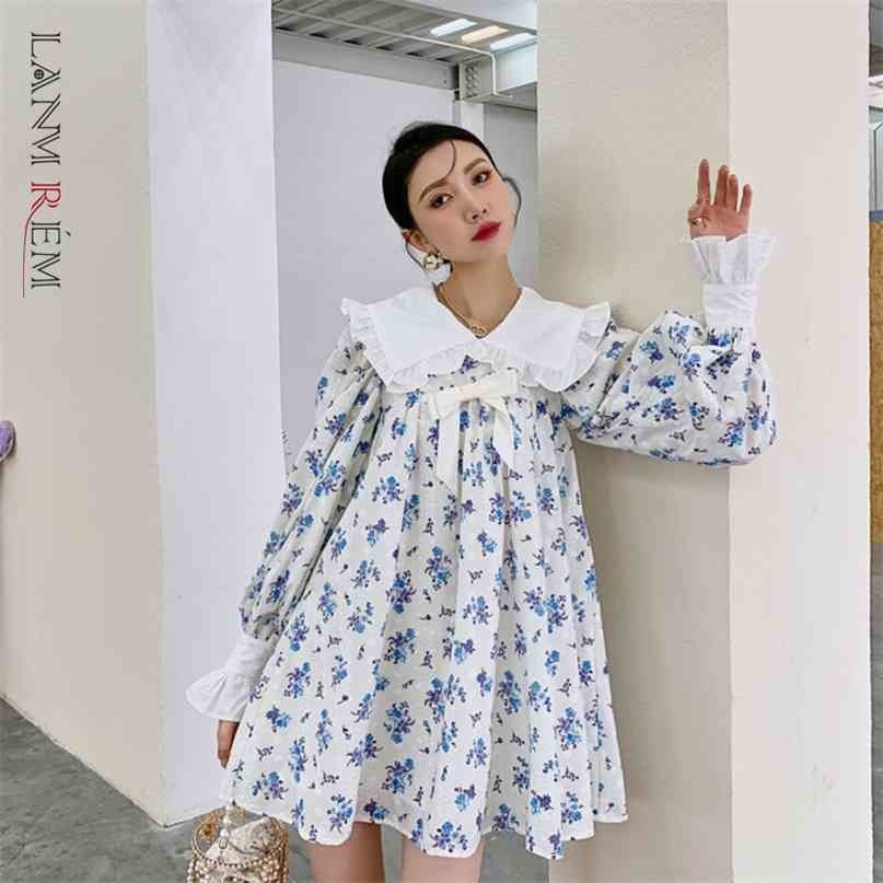 

Women Printed floral dress Bow Long Sleeve Peter Pan Collar Dresses Large Size Lady Fashion Summer 2HJ127 210526, White