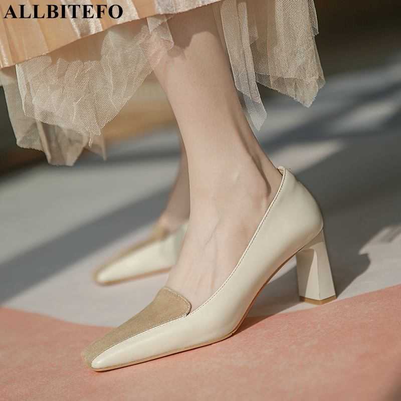 

ALLBITEFO autumn/spring thick heels genuine leather square toe women high heel shoes office ladies shoes women heels shoes 210611, As picture
