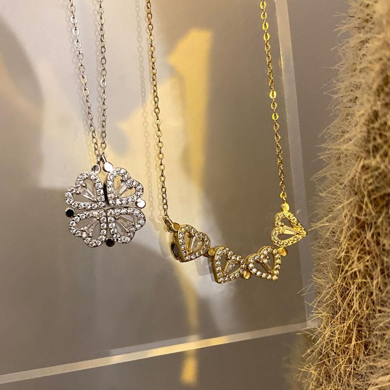 

Pendant Necklaces Cubic Zirconia Four Heart Clover Necklace Lucky Gold Silver Color Clavicle Chain Women Girl Birthday Mother Day Gift