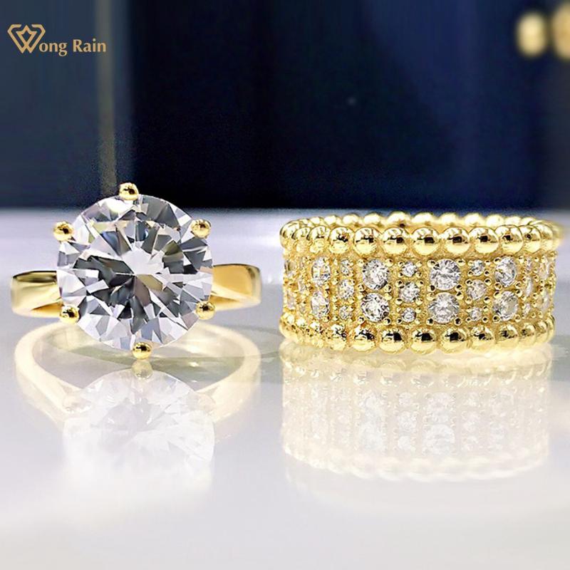 

Cluster Rings Wong Rain Luxury 925 Sterling Silver Round Cut Created Moissanite Gemstone Wedding Engagement Ring For Women Fine Jewelry Gift, Golden;silver