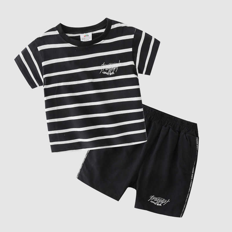 

Summer 3 4 5 6 8 10 Years Children Sports Suits Short Sleeve Strip Letter Clothing Baby Kids Boys T-Shirt Shorts Sets 210701, Black