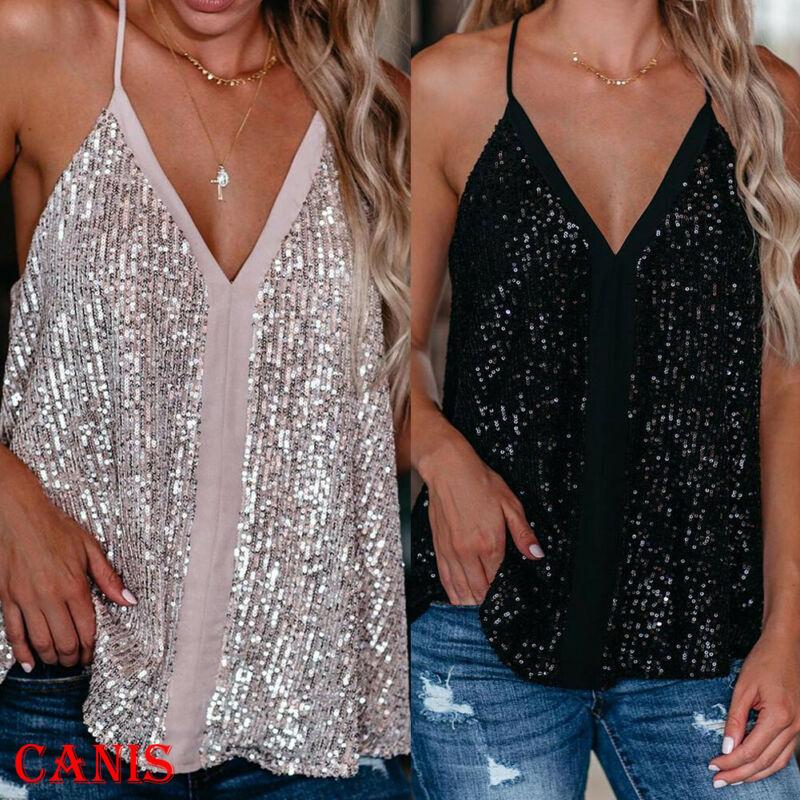 

Women's Tanks & Camis Vintage Sexy Women Sequin Vest Sleeveless Loose Camisole Casual V-Neck Tank Tops Fashion Pullover Blouse, White
