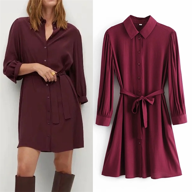 

Red Shirt Dress Women Autumn Button Up Long Sleeve Pleated Mini Woman Fashion Tied Belt Casual es 210519, Burgundy