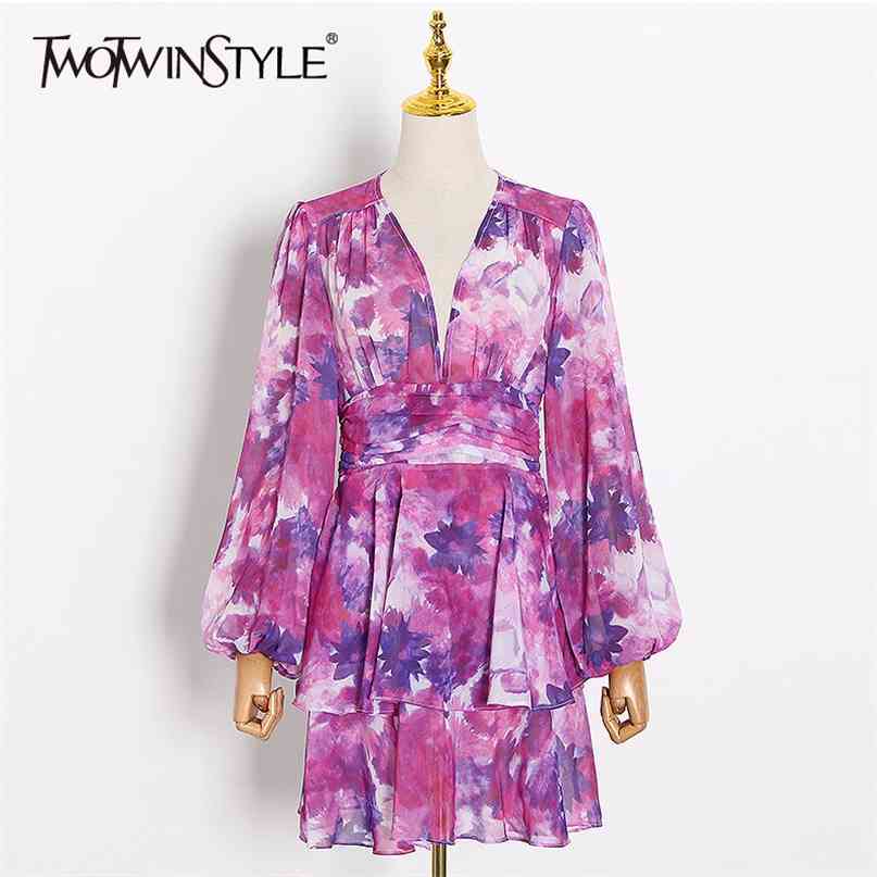 

Print Hit Color Women's Dress V Neck Lantern Sleeve High Waist Tunic Ruffles Mini Dresses Female Clothes 210520, Blue