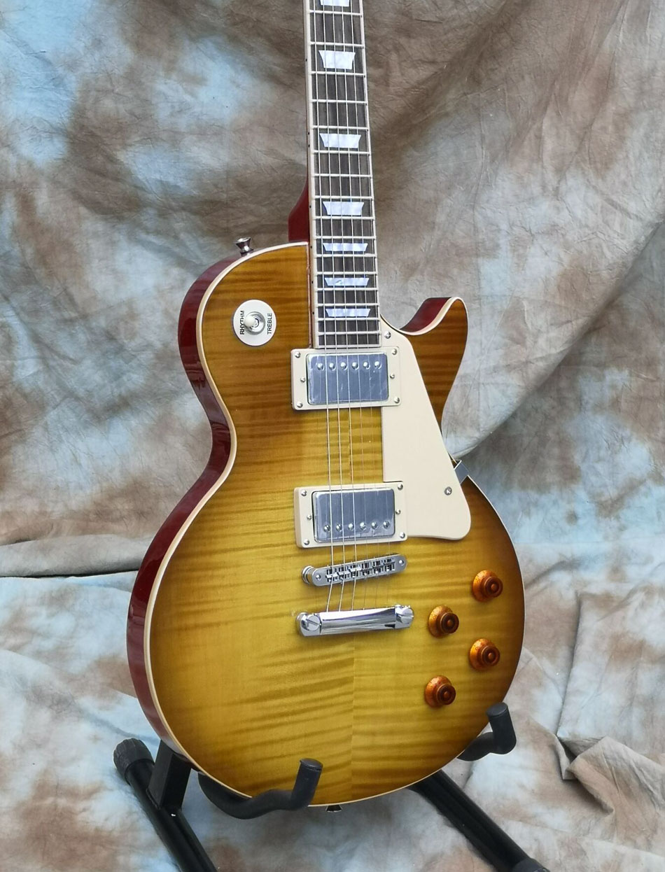 

Jimmy Page Peter Green Smoked Sunburst Flame Maple Top Electric Guitar Tuilp Tuners, Chrome Hardware, Mahogany Body, Chibson China OEM Guitars