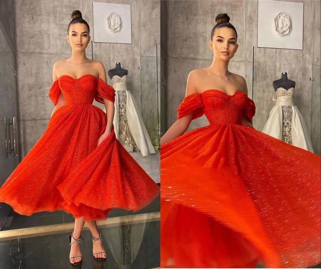

Cute Red Tea Length Evening Bridesmaid Dresses Formal Gown A line Off the shoulder with Short Sleeves Corset Back Ruched Bling Cocktail Homecoming Prom Dress, Light yellow