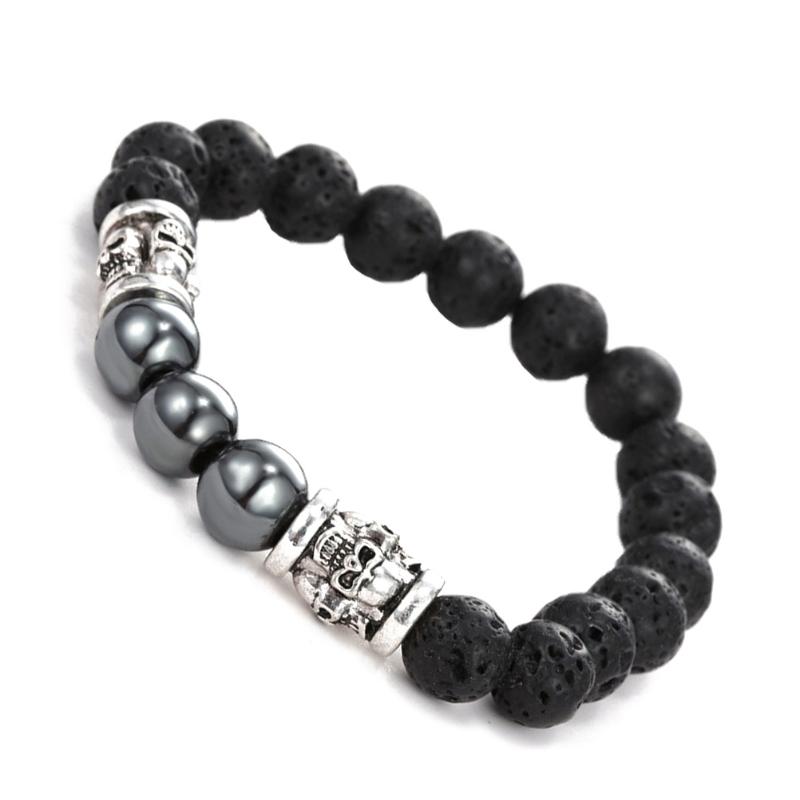 

Charm Bracelets Men Elastic Rope Natural Lava Stones (Black), Golden;silver