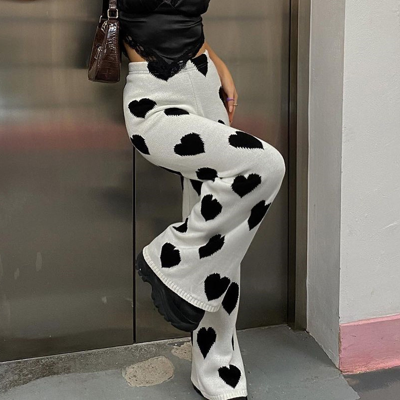 

pants trousers love knitted wide leg women's 2021 fashion drop loose high waist casual, Black;white